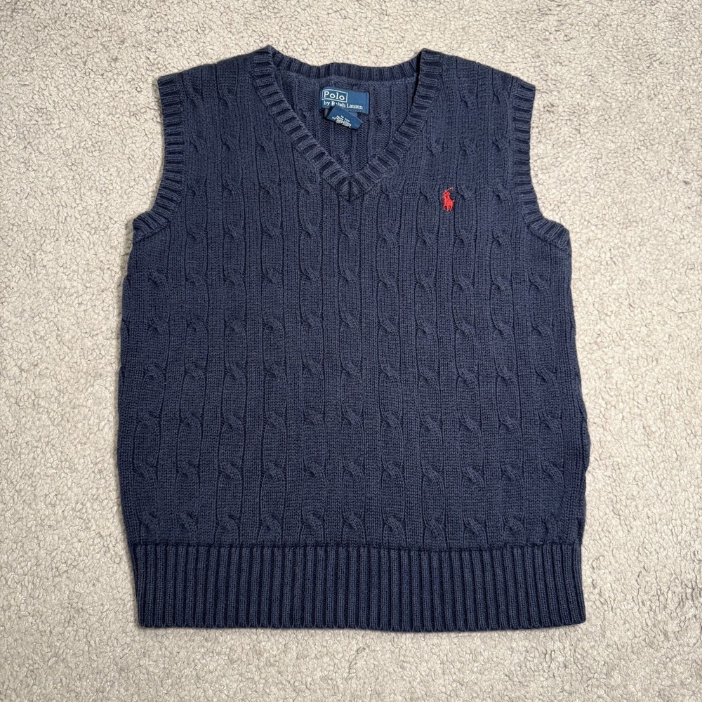 Polo Ralph Lauren Navy Blue Cable Knit V-Neck Sweater Vest Boys Size 7 Red Pony